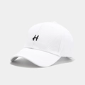 Close-up of a white cotton baseball cap with high-quality black 3D embroidered H logo - Adjustable / White