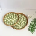 Handwoven rattan shell tray set of two featuring green tropical monstera leaf patterns - Plants & Flowers / 2-Piece Set