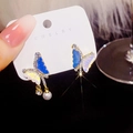 Blue butterfly stud earrings with rhinestones and asymmetric faux pearl drop design - E2100-Blue Magic Color Butterfly Pearl