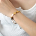 Chic coffee bean link bracelet with freshwater pearls and tiger eye stones on wrist - Gold Bracelet-17cm