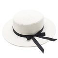 Élégant chapeau canotier blanc en paille pour femme avec large bord et ruban noir - Blanc