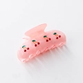 Pink acetate hair claw clip featuring sweet red cherry charms with green leaves - Cherry Blossom Pink with Rhinestone