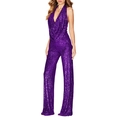 Detail of purple sequin fabric on sleeveless halter neck jumpsuit with deep V-neckline - S / Purple