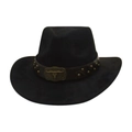 Chapeau de cowboy en feutre de laine noir avec bande en cuir et boucle de taureau dorée - Taille unique / Noir (Bande Noire + Crâne de Taureau en Bronze)