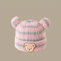 Pink and grey striped toddler knit hat with small bear patch and cute 3D ears - Striped Bear Pink (2 Months - 2 Years)