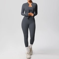 Three-piece gray athletic set featuring high-waist pocket leggings and a zip-up jacket - Graphite Grey