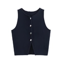 Detail of navy knit vest showing textured fabric and silver irregular metal buttons - S / Navy Blue