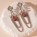 Detailed macro view of vintage earrings with pearls, crystals, and red gemstone drops - Silver Pin - Silver Rhinestone Pearl Tassel Earrings (Pink Gemstone)