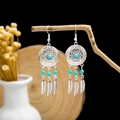 Ethnic bohemian silver drop earrings with turquoise beads and dreamcatcher feather charms - Dreamcatcher Feather Tassel Artificial Turquoise Style (E6046)