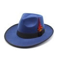 Détail du chapeau fedora bleu royal avec plumes orange et ruban noir pour hommes et femmes - M (56-58cm) / Bleu