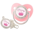 Pink crown crystal baby pacifier and silver clip set with Princess print on white background - Pink Princess (Silver Chain)