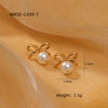 Golden bow-knot stud earrings with round white pearl pendants measuring 2.2 cm high - Textured 3D Bow Pearl Studs (NMSE-C439-1)