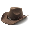 Ethnic style dark brown suede cowboy hat with engraved metal badge and silver rivets - Suede / Brown