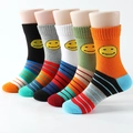 Five pairs of kids' colorful cotton crew socks featuring yellow smiley faces and stripes - 3-5 Years (13-15cm) / Striped Smiley Set