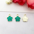 Three green enamel flower pendants with gold plating showing front and back details - Small Flower (14797)