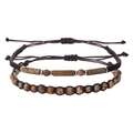 Detail of adjustable woven stone bracelet set featuring tiger eye and cylindrical beads - Two-Piece Set / Jasper