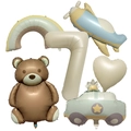 6-piece macaron balloon set with brown bear, blue plane, car, and number 7 balloon - Vintage Cream Set 7