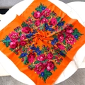 Vintage floral cotton linen square scarf with Russian folk style rose patterns - 70x70cm / Orange