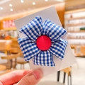 Blue gingham flower hair band with red center for girls high elastic hair tie - Blue Plaid