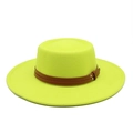 Neon yellow wide brim wool felt fedora hat with double brown leather straps and buckles - M (56-58cm) / Neon Yellow