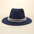 Detailed view of elegant navy wool fedora with three rows of white pearl bead trim - M (56-58cm) / Navy Blue