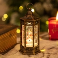 Bronze Christmas lantern featuring a cute snowman inside with shimmering snow glitter - Vintage Hexagonal Red Snowman