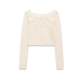 Elegante maglione in maglia traforata crema con motivi smerlati e taglio corto - S / Albicocca