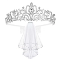 Silver bride tiara with sparkling rhinestones and layered white tulle wedding veil combo - Silver Tiara & Veil 2-Piece Set