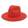 Classic red wide-brim straw fedora for summer beach sun protection and casual travel - Red