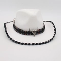White felt cowboy hat with ethnic woven band and silver bull skull metal ornament - One Size / White Black Edge