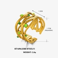 18K gold plated adjustable stainless steel cross ring with green enamel accents - Gold Round Wave Style