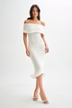 Sleek white off-the-shoulder knitted midi dress with a slim fit and ruffled hemline - S / White