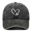 Close-up of white heart and paw embroidery on washed cotton baseball cap texture - Adjustable / Black