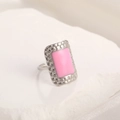 Minimalist square stainless steel ring with pink enamel inlay on white stone - Adjustable Open / Steel Color Square Pink