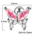 Pink butterfly stud earring in stainless steel with synthetic opal and cubic zirconia - Silver + Pink Opal (Large)