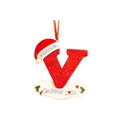 Close-up of a red glitter letter V Christmas ornament with custom Valentina name and 2021 date - Letter V
