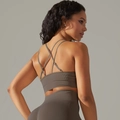 Dark charcoal rib-knit seamless sports bra and leggings set with cross back design - Brown