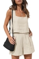 Women's two-piece linen casual set featuring square neck tank top and beige high waist shorts - S / Apricot