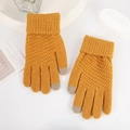Winter thermal touch screen yellow knitted gloves with fleece lining and pineapple texture - Yellow