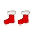 Vue détaillée de boucles d'oreilles chaussettes de Noël en émail rouge et blanc sur fond blanc - #27 Chaussette de Noël/Rouge Blanc Alliage Émail