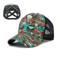 Women's western print trucker hat with criss-cross ponytail opening and breathable mesh back - Cow Skull Leopard Ethnic Geometric (8#)