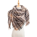 Classic plaid pattern shawl in beige and brown tones with fringe trim on mannequin - 135x135x200cm / SJ-05# Coffee