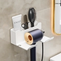 White wall-mounted hair dryer holder with multi-compartment storage for combs and tools - Medium (809) / Snow White