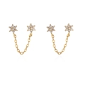 Detail of gold floral stud earrings with micro-pave zircons and dangling chain link - White Zircon/Double Hole