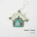 Handmade wool felt house ornament with sage green body and white letter A embroidery - Letter A House
