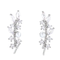 Elegante polsino per orecchio a foglia d'argento con strass scintillanti e perla bianca - Argento