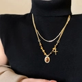 18k gold plated double layer tiger eye stone beaded necklace with cross pendant - 18# Necklace-Gold-Star