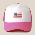 Pink and white mesh trucker hat with American flag embroidery and adjustable rope - One Size / Rose Red