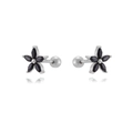 Macro shot of S925 silver stud earring with black marquise-cut stones in flower shape - Silver-Black Zirconia