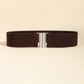 Women's wide elastic waist belt in dark brown color with polished silver metal buckle - 5cm Wide / Coffee Gold